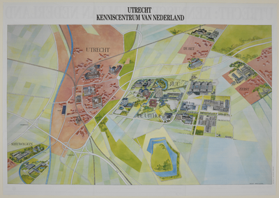 217137 Gestileerde plattegrond van het universiteitscomplex De Uithof te Utrecht en de daaromheen gelegen ...